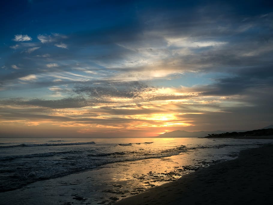 seashore at dusk time, sunset, cabopino, marbella, malaga, spain, HD wallpaper