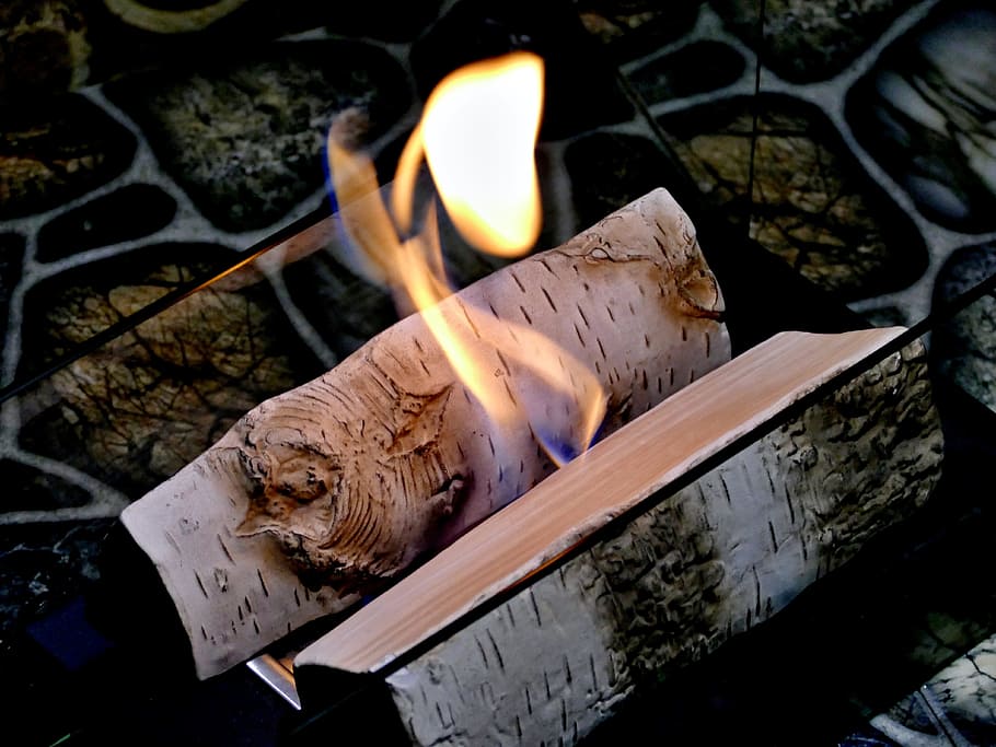 bio, fireplace, burning, ceramic, birch, logs, flame, decor, HD wallpaper