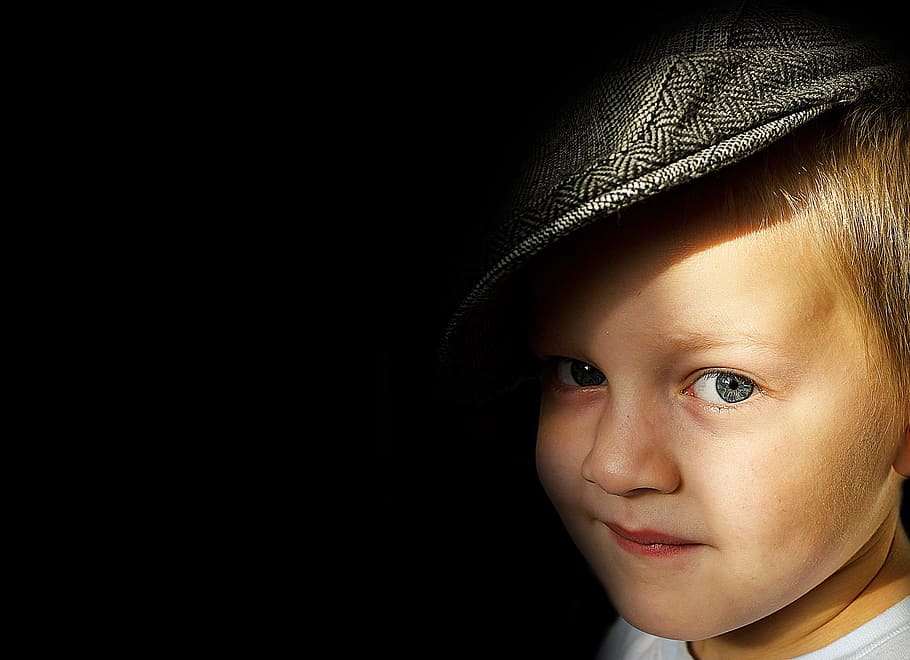 boy wears black hat inside dark room, child, people, young, decoration, HD wallpaper