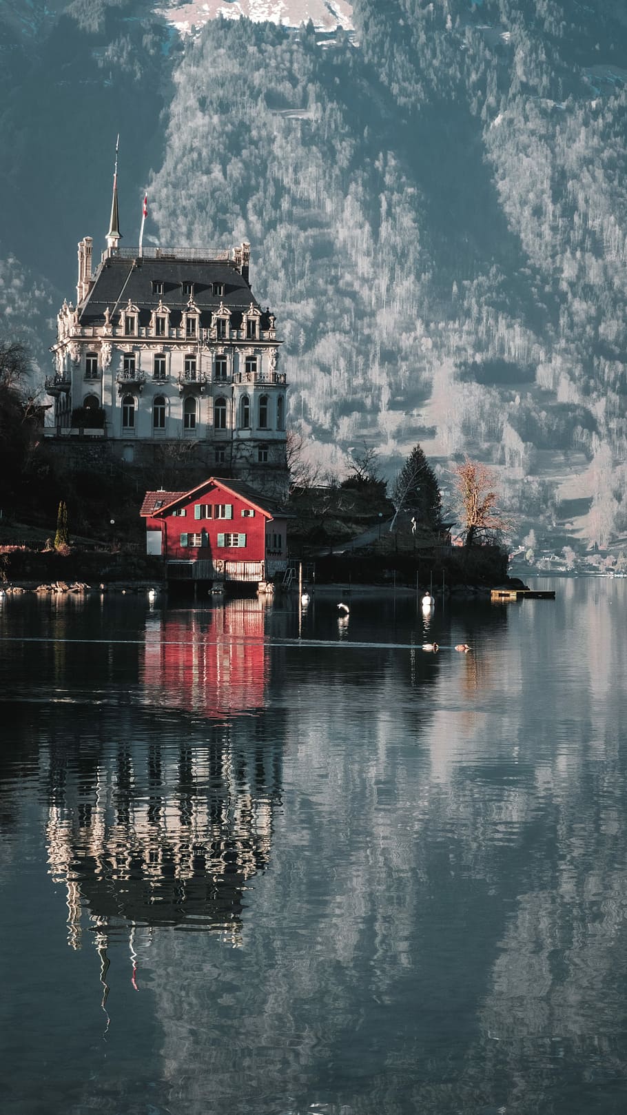 white and black cathedral near house beside mountain, red and gray house near body of water HD wallpaper