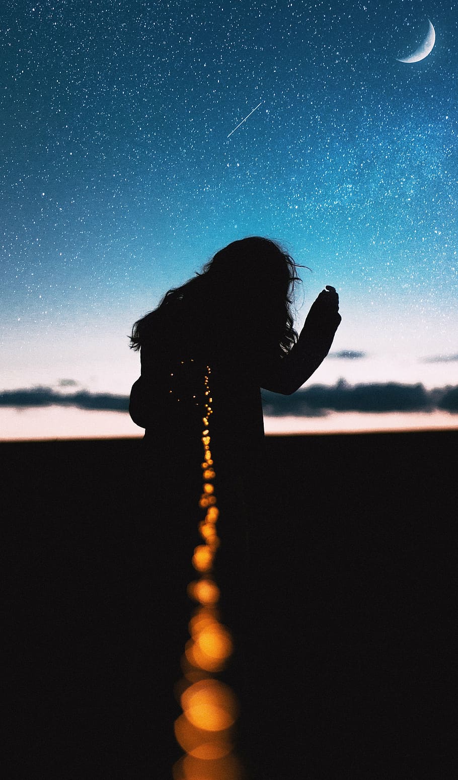 silhouette photo of woman, moon, light, stars, sky, girl, back Lit HD wallpaper