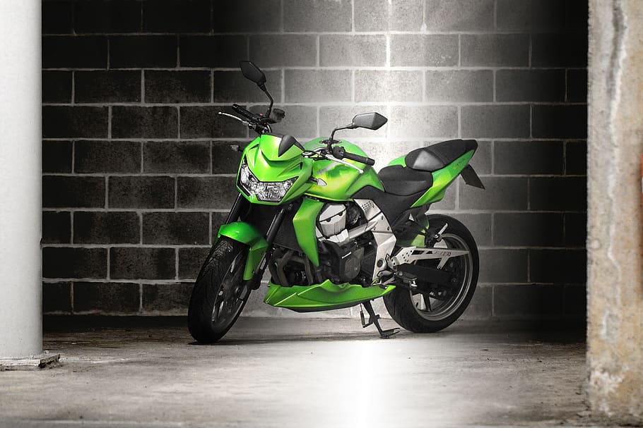 parked green motorcycle, garage, kawasaki, z750, mode of transportation, HD wallpaper