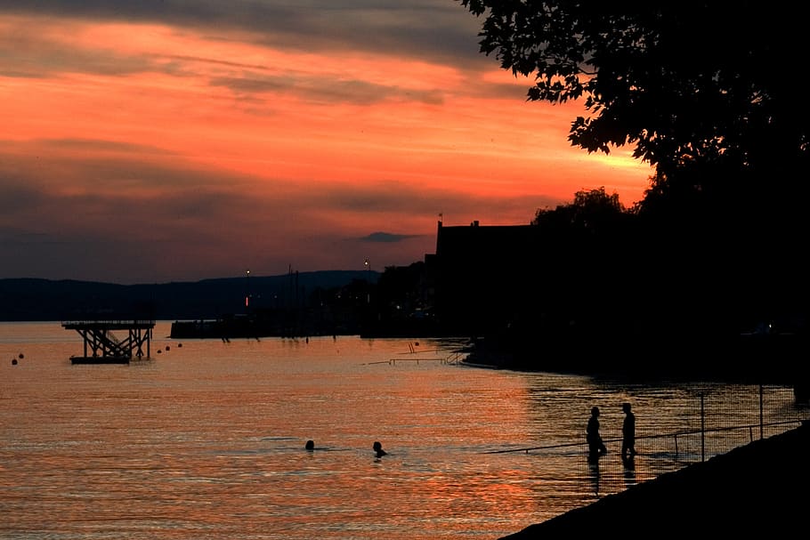 sunset, evening, warm, evening sky, cloud, lake, water, architecture HD wallpaper