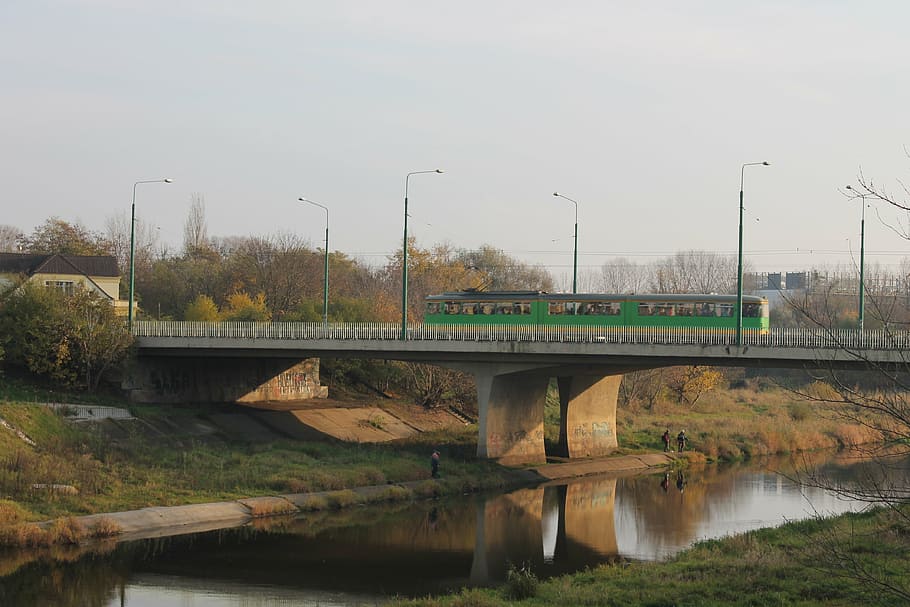 bridge, river, warta river, tram, connection, water, bridge - man made structure HD wallpaper