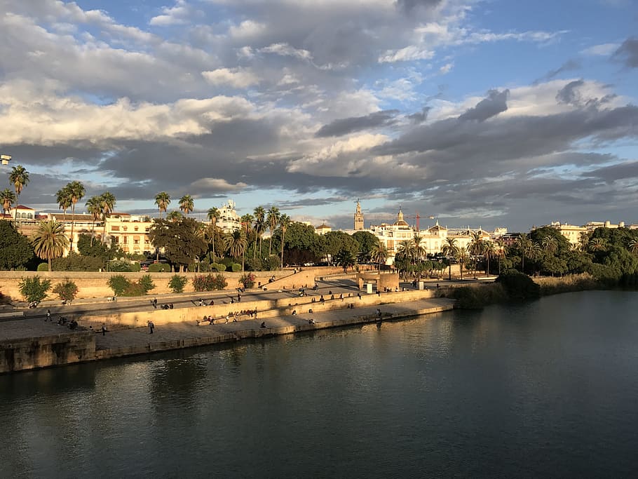 waters, panorama, sky, river, nature, travel, reflection, seville HD wallpaper