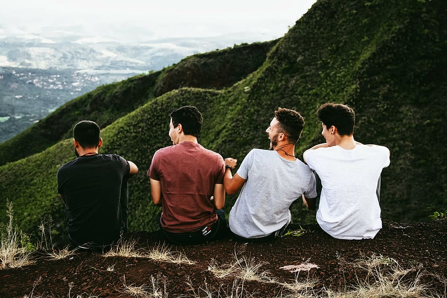four men sitting on hill, nature, landscape, mountain, clouds HD wallpaper
