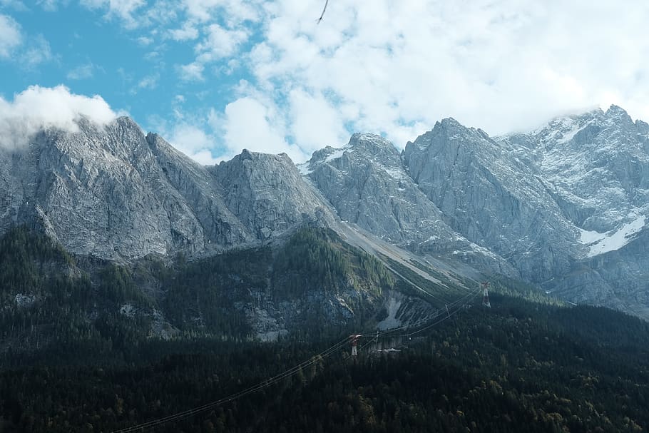 clouds, sky, mountain, valley, trees, plants, nature, landscape HD wallpaper