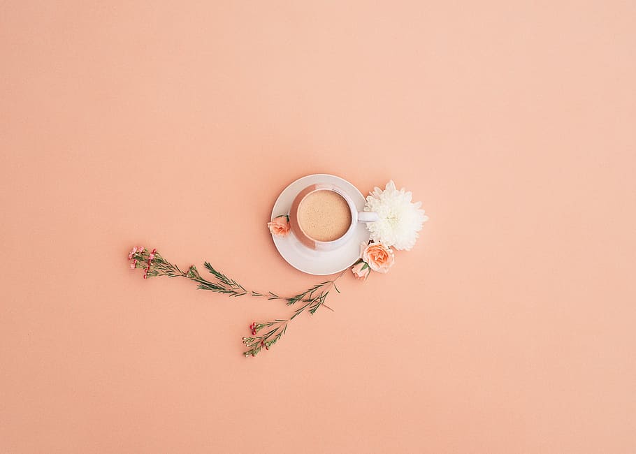 flat-lay photography of cup beside white flower, flora, floral