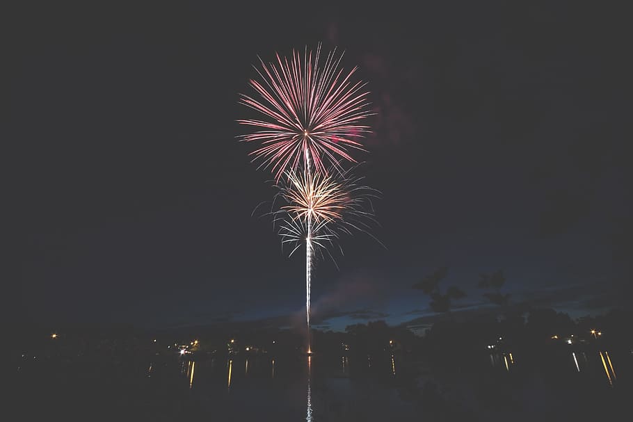 fireworks display at night sky, fire works, red, yellow, celebration HD wallpaper