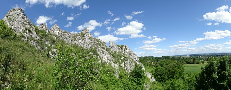 rocks, limestone, tops, landscape, nature, poland, large view HD wallpaper