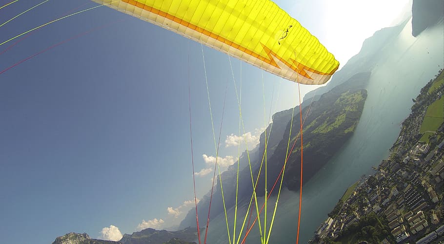 paragliding, fly, summer, mountains, dom, fountain, lake lucerne region HD wallpaper