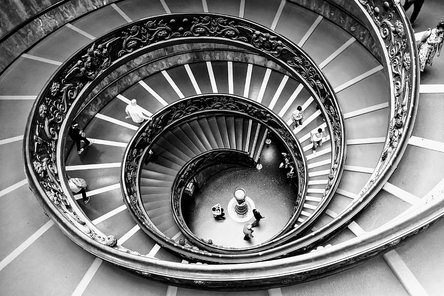 grayscale photo of people walking on spiral staircase, architecture HD wallpaper