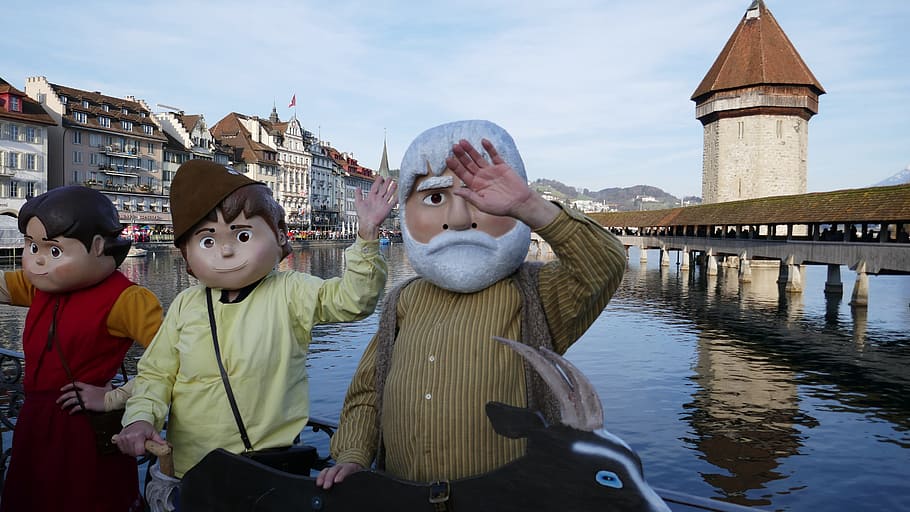 Carnival, Lucerne, Mask, Panel, fool-time, water tower, chapel bridge HD wallpaper