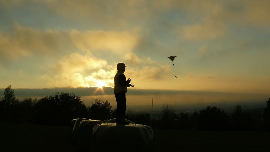 Boy, Dragon, Sun, sunset, silhouette, one person, cloud - sky HD wallpaper