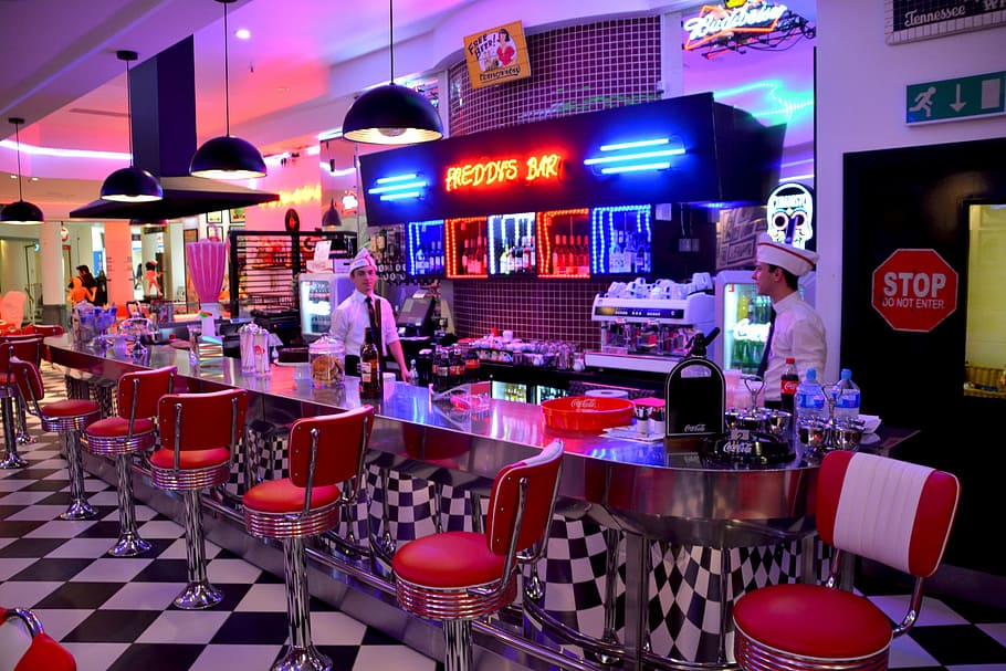 bar interior, american diner, red chairs, cafe, restaurant, table, HD wallpaper