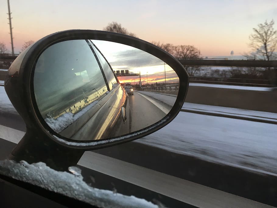 sunrise, auto, snow, winter, highway, transportation, side-view mirror HD wallpaper