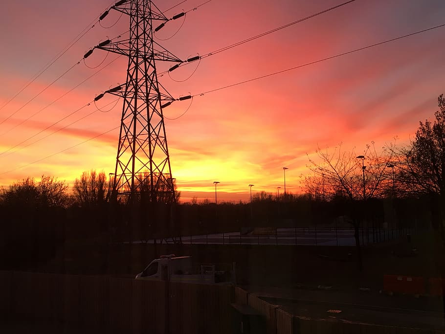 sunset, sky, nature, evening, dusk, electricity, cable, electricity pylon HD wallpaper