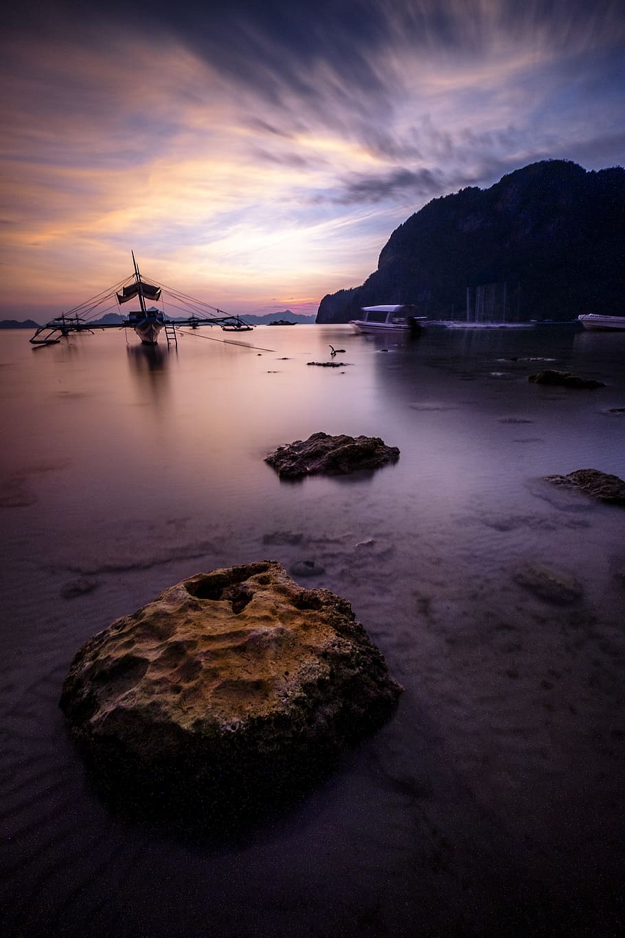 dark, sky, sunset, rocks, water, sea, shore, beach, coast, mountain HD wallpaper