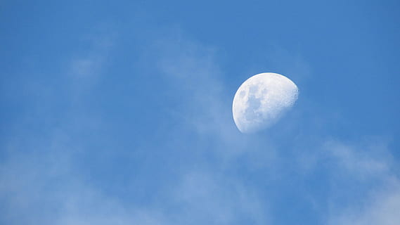 low angle photo of half-moon, blue sky and white halfmoon, cloud HD wallpaper
