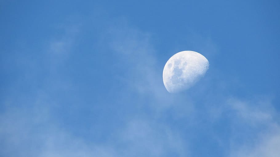 low angle photo of half-moon, blue sky and white halfmoon, cloud HD wallpaper