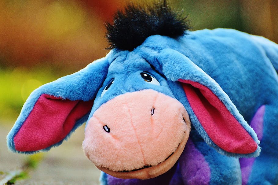 selective focus photography of Winnie the Pooh Eeyore plush toy