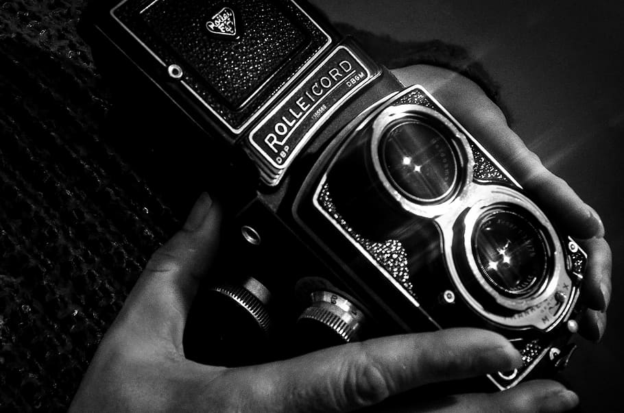 grayscale photo of person holding camera, photography, vintage, HD wallpaper