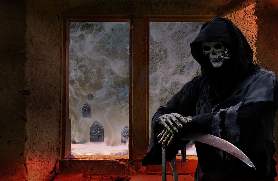 grim reaper costume near brown window inside room, fantasy HD wallpaper