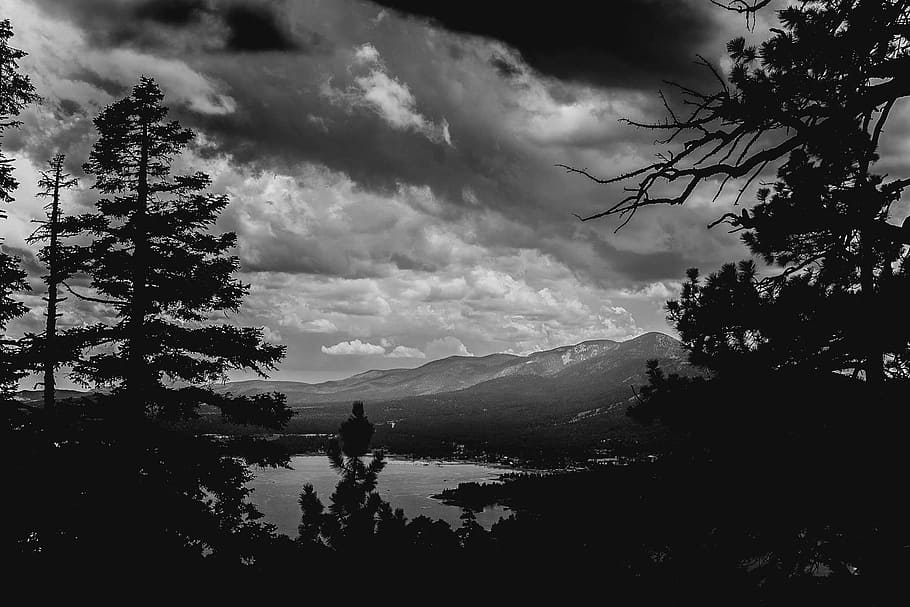 black-and-white, mountains, nature, sky, clouds, cloudy, environment HD wallpaper