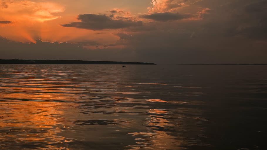fisherman, boat, evening, clouds, river, reflection, water HD wallpaper