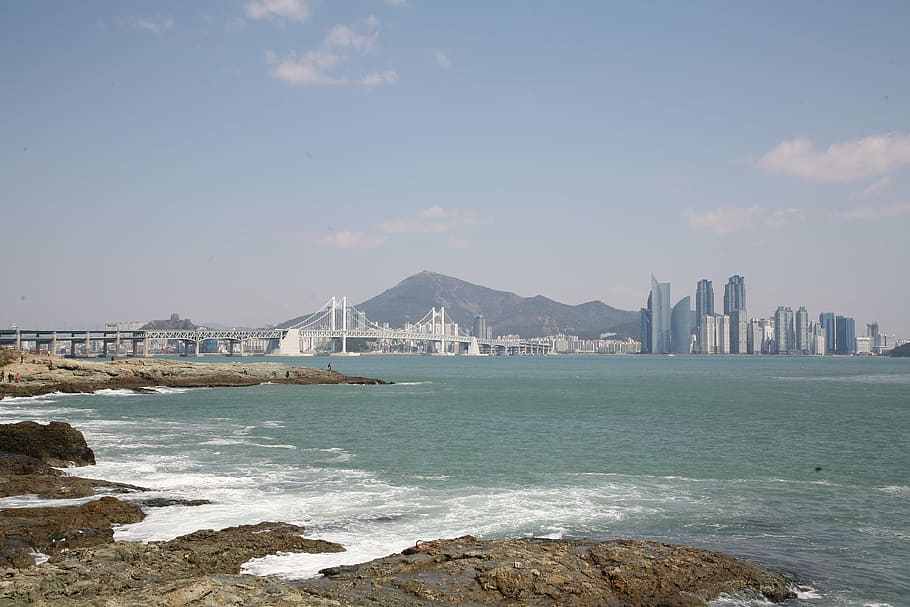 sea, gwangalli, waves, water, architecture, sky, built structure HD wallpaper