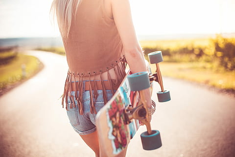 Young Woman Walking on The Road and Holding Longboard, active HD wallpaper