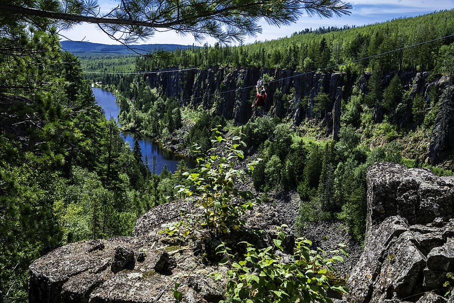 Guy Ziplining down Eagle Canyon, Ontario, Canada, photo, fun, HD wallpaper