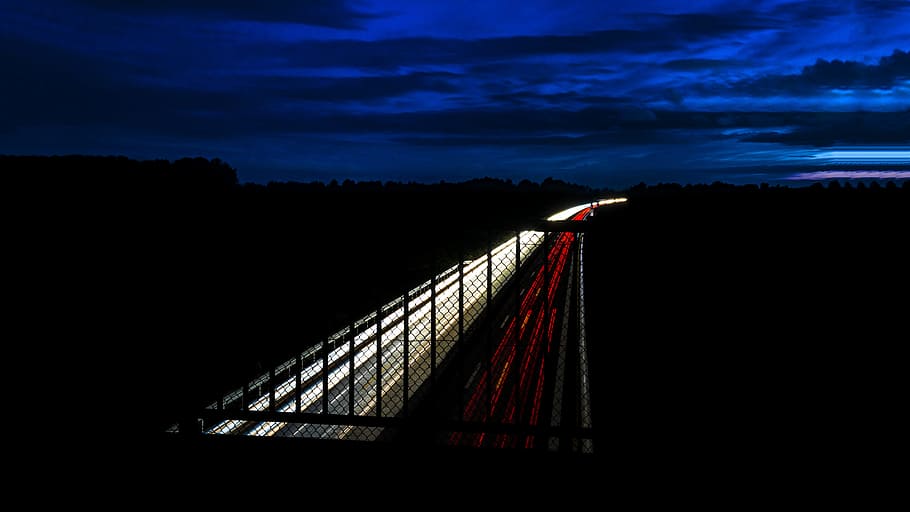 highway, light traces, long exposure, night, spotlight, lights HD wallpaper