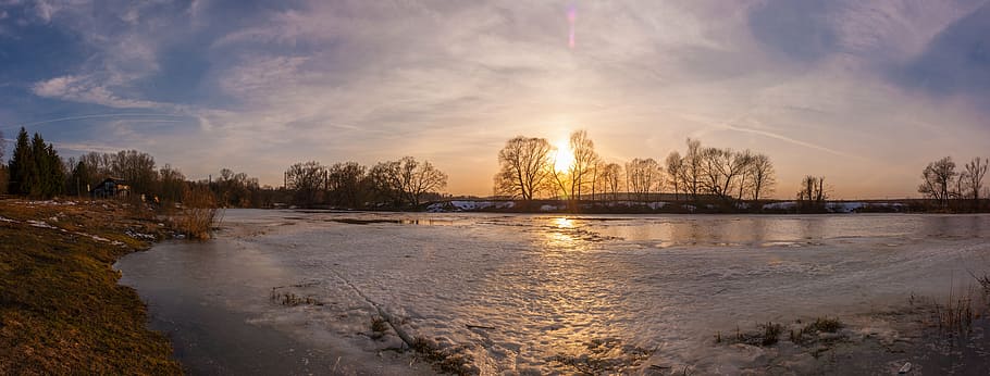 sunset, panorama, spring, river, ice, nature, russia, reflection HD wallpaper