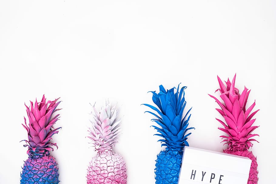 four assorted-color pineapple illustration, four assorted-color pineapples decors, HD wallpaper