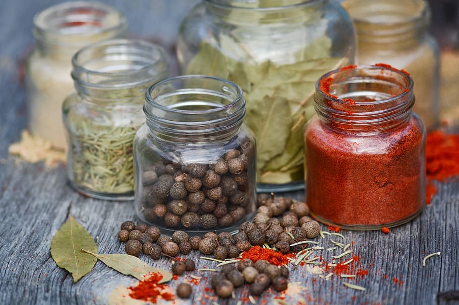 clear glass jars with spice, spices, kitchen, cooking, wooden, HD wallpaper