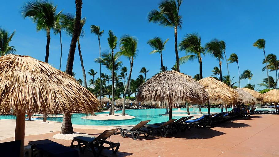 inline nipa hut cottages beside swimming pool, caribbean, turquoise HD wallpaper
