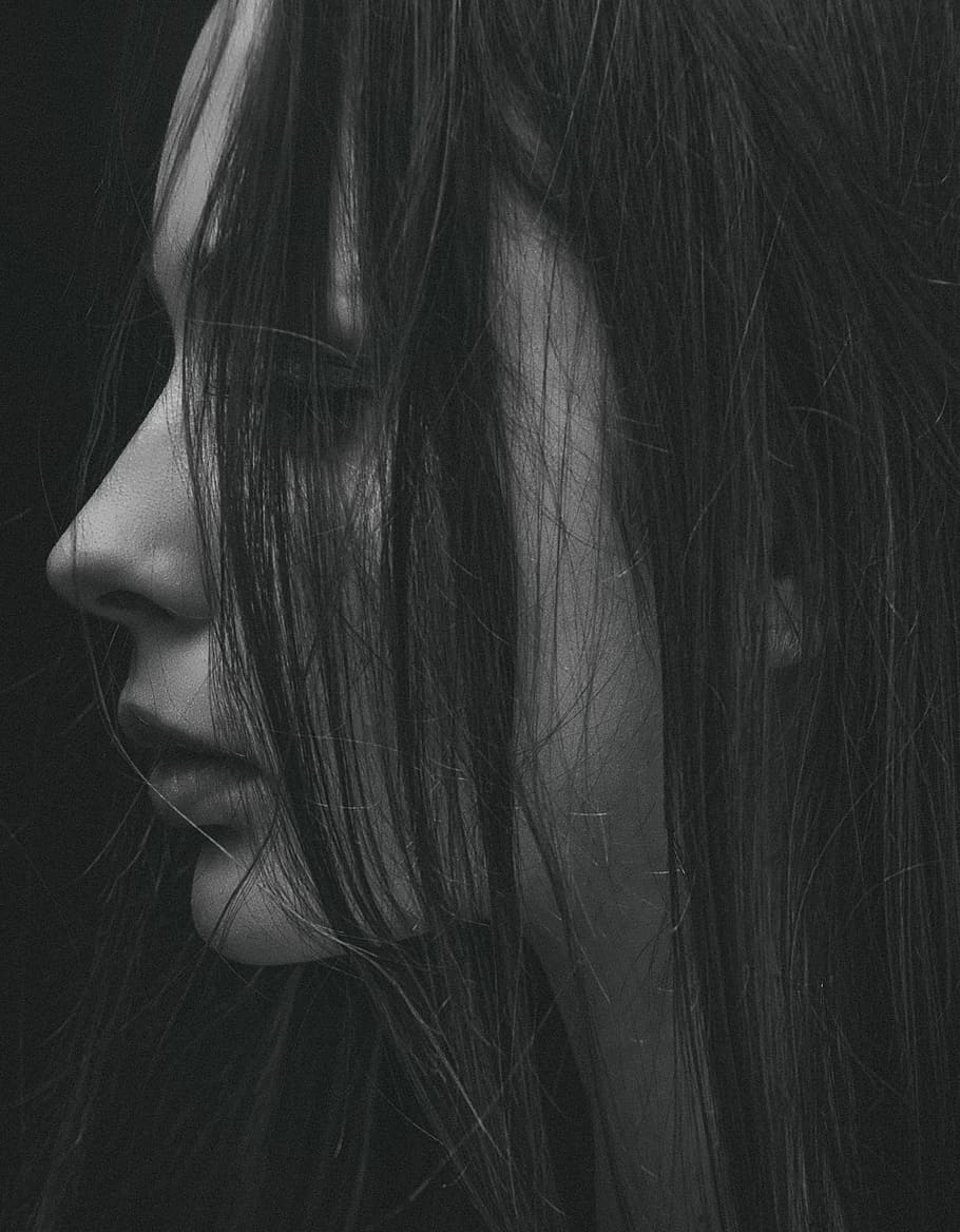 grayscale photo of woman's left side face covered with hair, grayscale photo of woman HD wallpaper