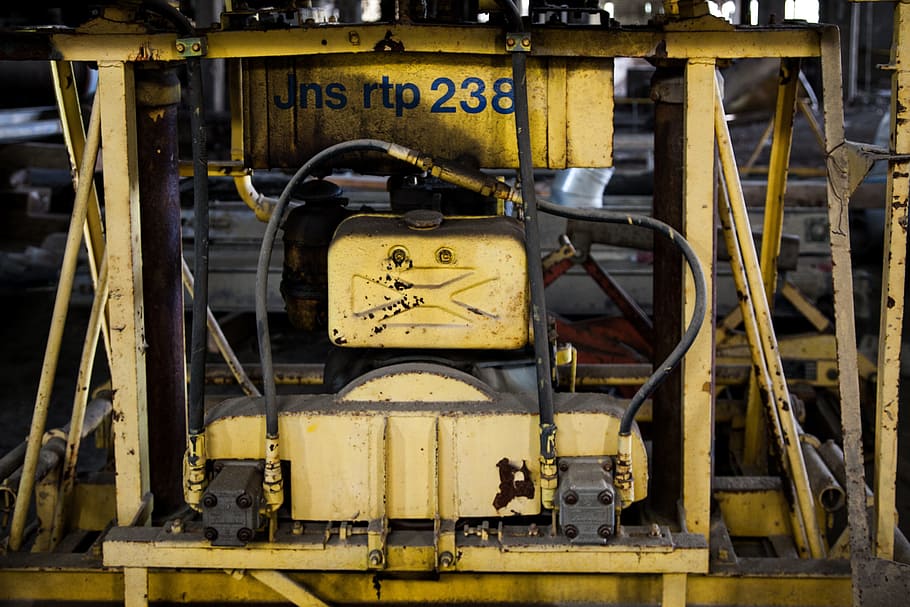 yellow machinery, rusty, old, metal, steel, closed, forbidden, HD wallpaper