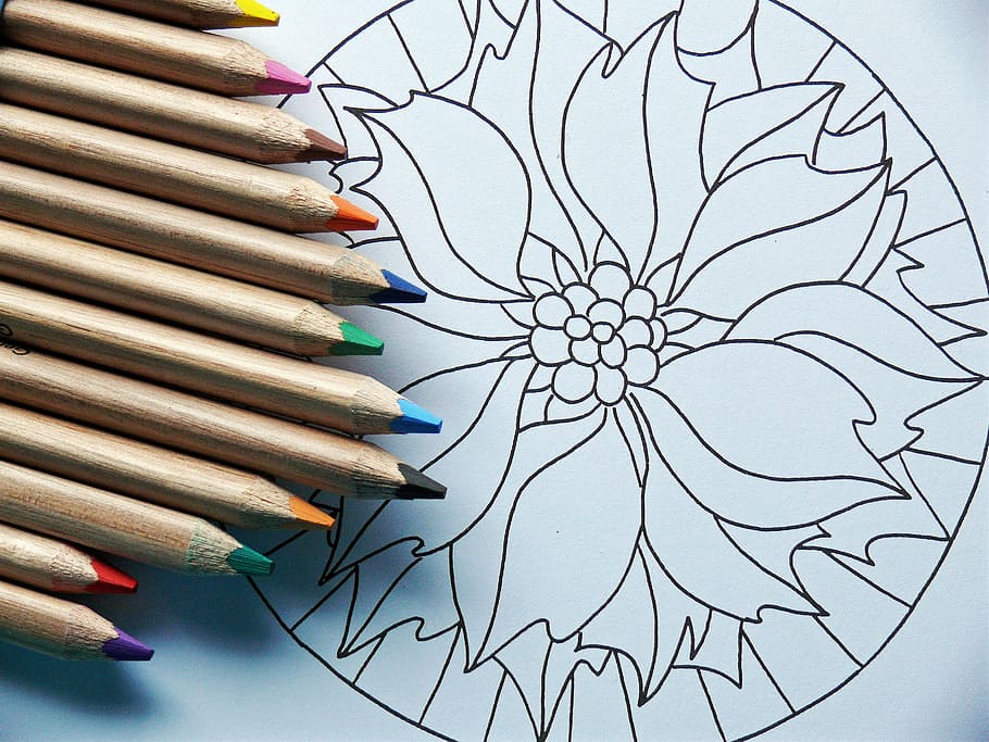 color pencils, form, style, mandala, meditation, rest, black HD wallpaper