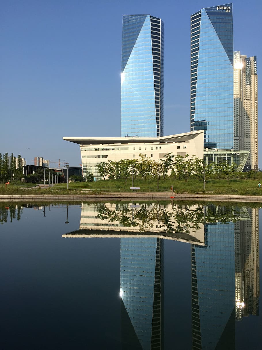 two high rise buildings, incheon, songdo, posco tower, architecture HD wallpaper