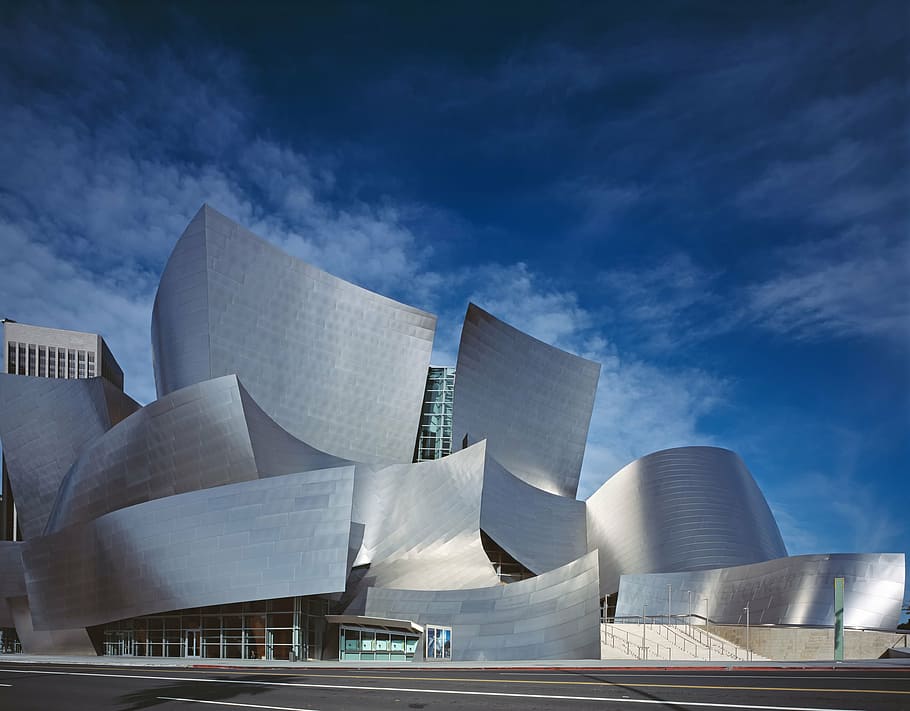 gray concrete structural building, walt disney concert hall, architecture, HD wallpaper