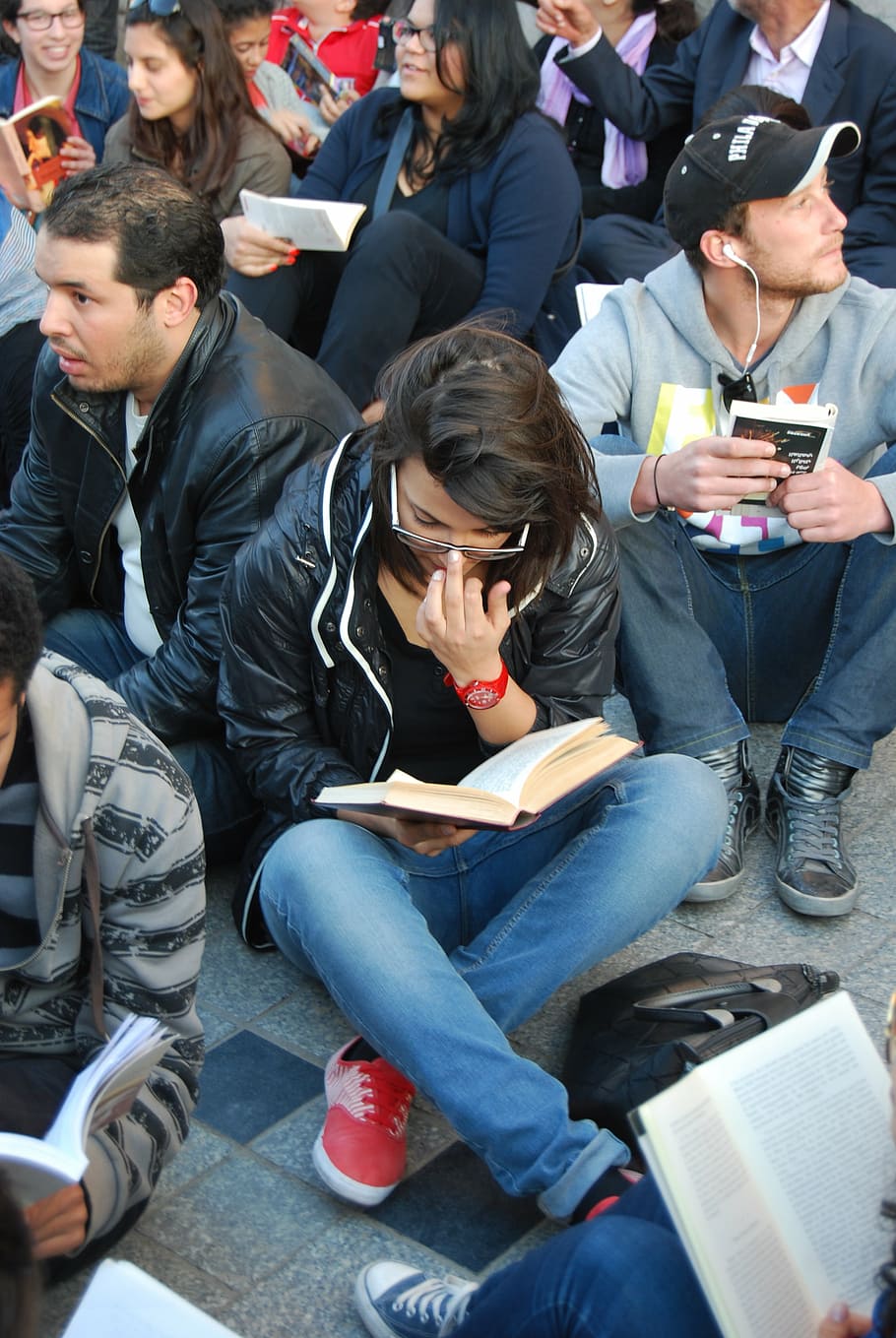 open book, page, sunglasses, group of people, sitting, young men HD wallpaper