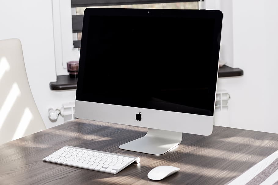 white iMac with Apple keyboard and magic mouse, pc, apple inc