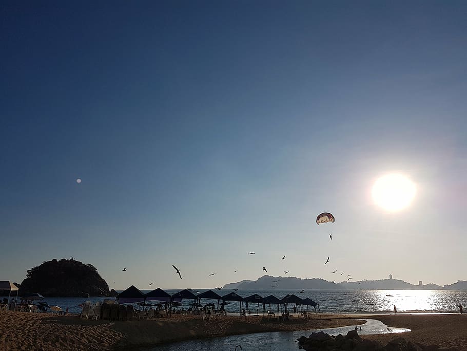 sun, parachute, morro, acapulco, sea, beach, sky, water, nature HD wallpaper