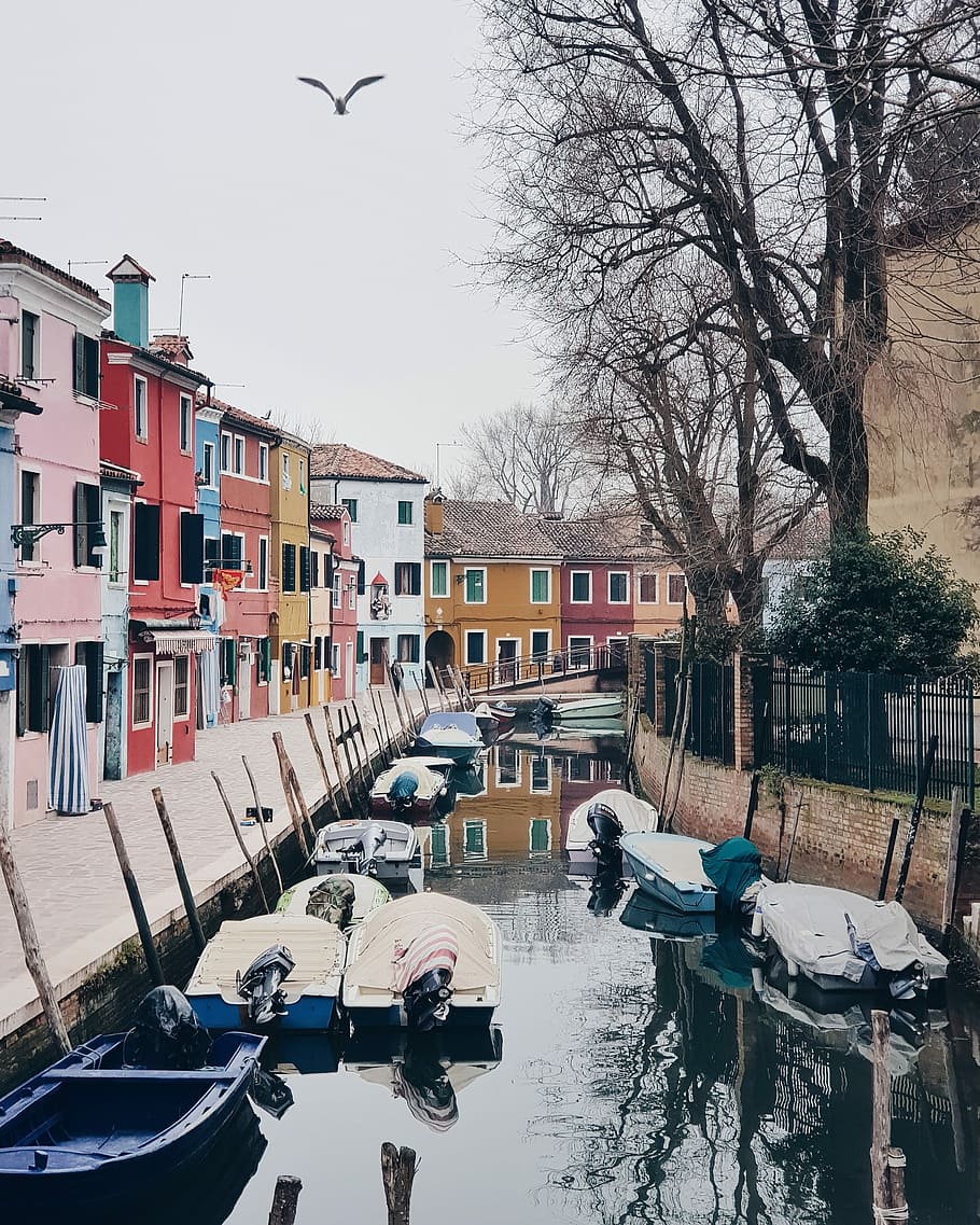 several docked boats on city canal during day, boats on river near houses at daytime HD wallpaper