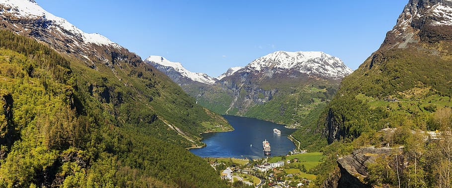 body of water in the middle of mountains, norway, geiranger, fjord, HD wallpaper