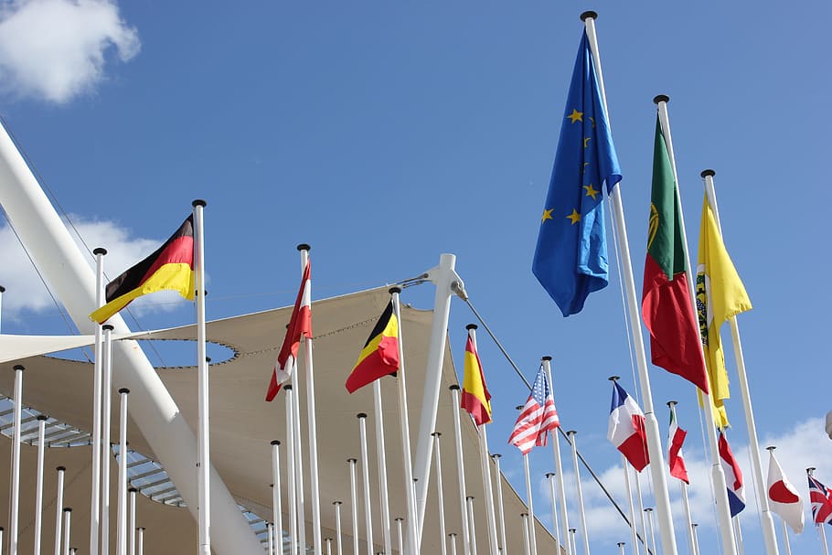 pile of country flags under blue sky, lisbon, blow, flutter HD wallpaper