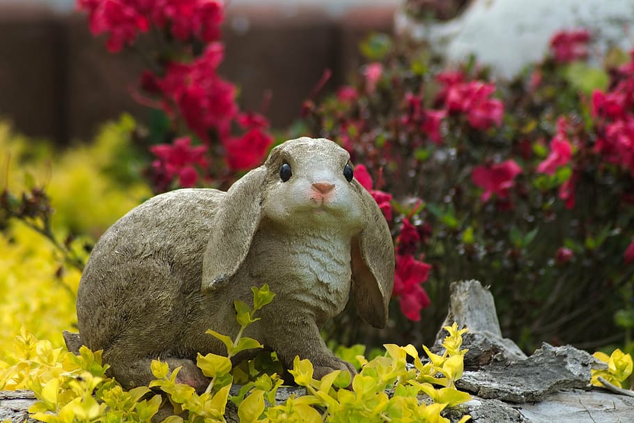 grey rabbit figurine in the garden, figure, hare, decoration HD wallpaper