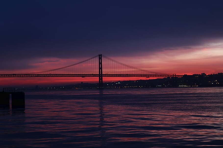 bridge with buildings at the distance, water, sunset, clouds HD wallpaper